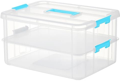 MOUYAT 2 Layer Plastic Storage Boxes with Lids, Stackable Storage Boxes with Carry Handle, Transparent Portable Craft Organizers Really Useful Box for Organizing Sewing, Building Blocks, Blue ﻿