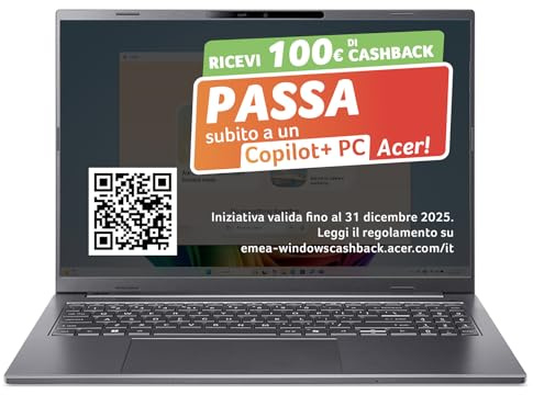 acer Aspire 16 AI Laptop | Display 16” WUXGA+ OLED | Processore Intel Core Ultra 7-256V | 16 GB RAM | 512 GB SSD | Copilot+ PC | Windows 11 | QWERTY | PC Portatile IA