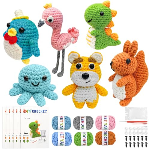 FHFTHYH 6Pcs Crochet Kit for Beginners, DIY Craft for Adults, Great Gift for Crochet Lovers, Crocheting Animal Kits with Step by Step Videos,Yarn,Crochet Hook,Birthday Holiday Gift
