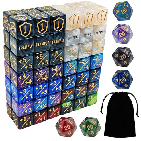 90-teiliges MTG-Zähler-Würfel-Set – AbilityKeyword-Zähler, -1/+1 Lebenszähler, Schild-Lebenszähler-Würfel, Kreatur-Statistik-Buffs, Marmor-Farbe-D6-Würfel, für MTG, TCG, Kartenspiele (inkl. schwarzer