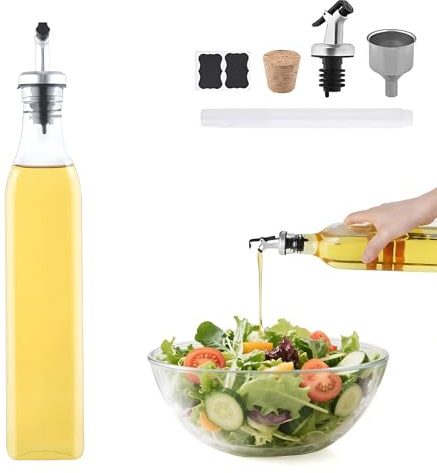 Beylce 1 x 500ml bouteille huile olive bec verseur, distributeur huile d'olive avec bouchon antisalissure, étiquette, bouchon de liège, marqueur pour tableau blanc, entonnoir en acier inoxydable