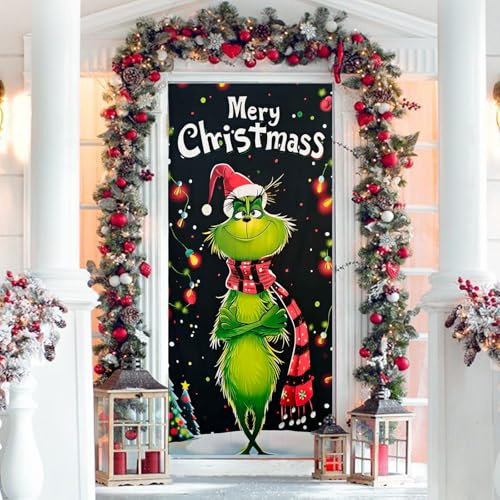AHXHA Grinch Weihnachtsdeko Tür, Weihnachten Tür Abdeckung, Grinch Weihnachten Tür Hängen,Weihnachten Hintergrund Tür Hänge,Weihnachten Deko Outdoor (B)