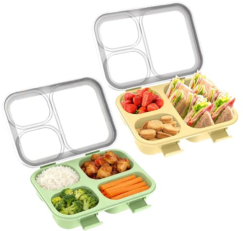 2 Lunch Box, Brotzeitbox, 850ml Frühstücksbox Vesperdose Mit Besteck, Bento-Box, Lunchbox Mit Fächern, Frühstücksdose, Brotdose Set, Set Mikrowellen Teller, Für Büro, Arbeit, Picknick (Gelb & Grün)