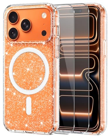Knrlqim Funda para iPhone 17 Pro MAX, Compatible con MagSafe, Brillantina | Carcasa Transparente TPU 2x Cristal Templado 9H, Antigolpes Antiarañazos, Glitzer Case para iPhone 17 Pro Max, Anti-Amarilleo