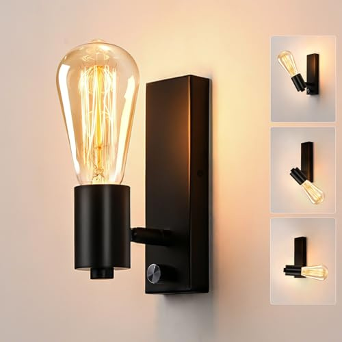 Glighone Wandlampe mit Schalter Dimmbar Vintage Wandleuchte Innen Schwarz | 360°/ 90° Drehbar, E27 Retro Industrial Wandleuchte für Wohnzimmer Schlafzimmer Flur