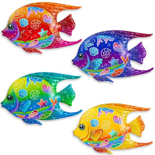 Velibobo 4 Stück Wanddekoration aus Metall in Fischform, maritime Fisch-Hängedekoration für den Strand, Wanddekoration für den Außenbereich am Meer oder Pool (Colour-A)