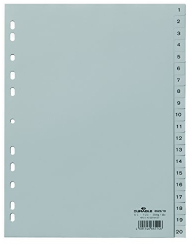 Durable Zahlenregister (A4, geprägte Taben 1-20, PP volldeckend) 20 Stück, grau, 652210