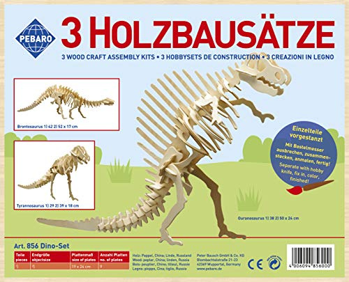 Pebaro 856 Holzbausatz Dino-Set, 3 Stück 3D Puzzles Dinosaurier: Brontosaurus, Tyrannosaurus, Ouranosaurus, Modellbausatz, Basteln mit Holz, Holzpuzzle, vorgestanzte Holzplatten, Geschenkidee