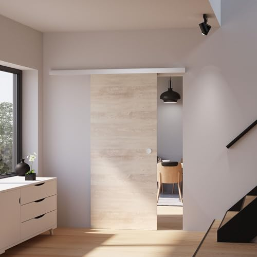 inova Holzschiebetür Komplettset 880x2035mm Pinie Cascina Zimmertür Vollspan mit Alu Laufschiene und Griffmuschel inkl. Softclose