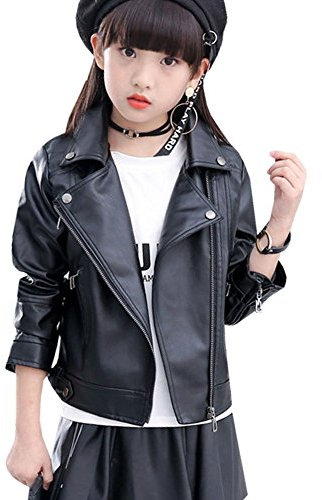 LSERVER Bambina Giacca Biker Cuoio Ragazza Semipelle Giacche Biker da Moda, Nero, 9-10 Anni (Etichetta: 160 cm)
