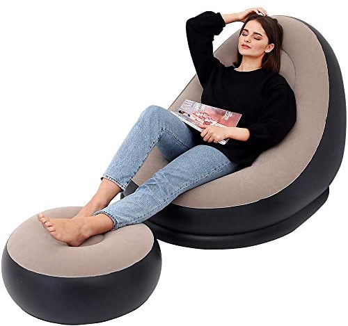 LONEEDY Aufblasbares Lounge Freizeit-Sofa/-Stuhl und Fußhocker, zusammenklappbar, für den Außenbereich, beflockt( Braun)