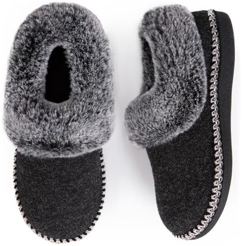 EverFoams Women's Bootie Slippers Warm Soft Comfy Memory Foam Non-slip Indoor House Shoes with Fluffy Collar Black Size 5 UK