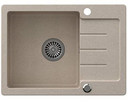 VBChome Fregadero de granito beige 60 x 44 cm, empotrable, reversible, con sifón