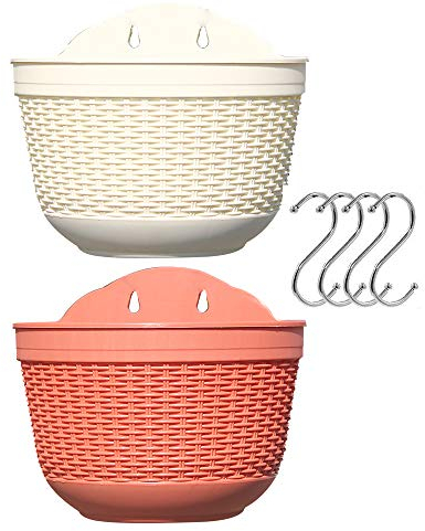 Lot de 2 pots de fleurs suspendus d'extérieur en plastique pour balcon, clôture, pots de fleurs muraux avec drainage et 4 crochets