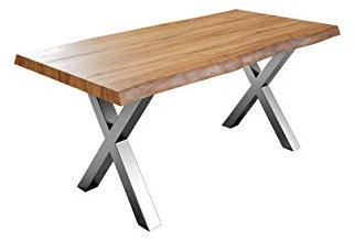 SAM Esszimmertisch 300x100 cm Xerez, Baumkantentisch naturfarben, Akazienholz massiv, X-Gestell aus Metall Silber