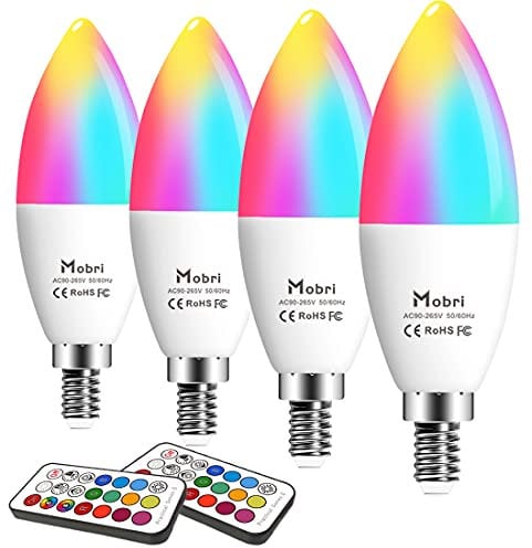 Mobri E14 Candle LED Light Bulbs, 5W Colour Changing with Remote Control, 40W Equivalent Small Edison Screw, RGB+Warm White (2700K)
