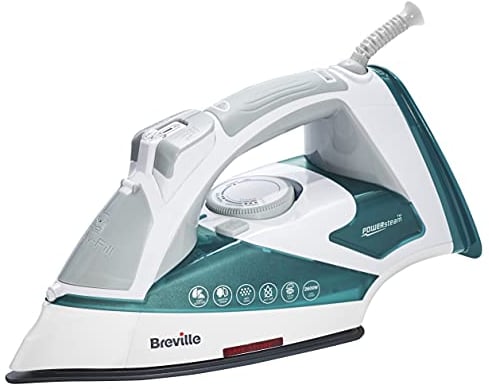 Breville POWERSTEAM 2600W Ferro da Stiro a Vapore, Piastra in Ceramica, Colpo Vapore 220 g, Getto Vapore Verticale 50g/min, Auto Spegnimento, Bianco/Turchese