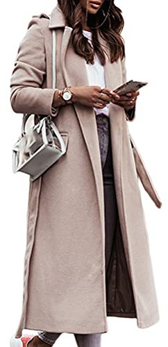 Minetom Damen Lange Jacke Herbst Winter Mantel Elegant Langarm Slim Fit Einfarbig Wollmantel Trenchcoat mit Gürtel E Beige L