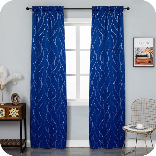 1 Paar Verdunkelungsvorhänge Thermo, weich, Motiv Geflecht Silber, Isoliervorhang für Wohnzimmer, Schlafzimmer und Innenbereich, 2 Paneele mit Tasche (70 x 235 cm, Elektroblau)