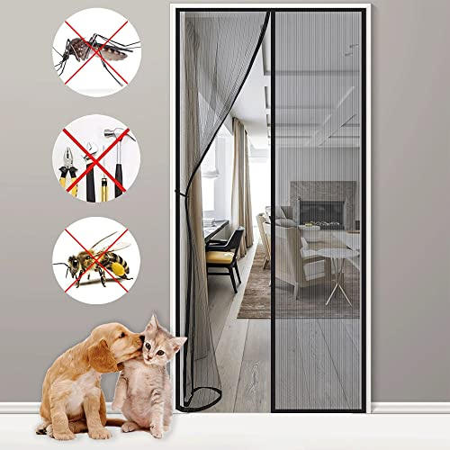 Magnetic Fly Screens for Doors, 90x210cm Heavy Duty Bug Mesh Curtain Magnetic Door Screen, Super Quiet Stripes Encryption Keep Bugs Out & Let Fresh Air in Black