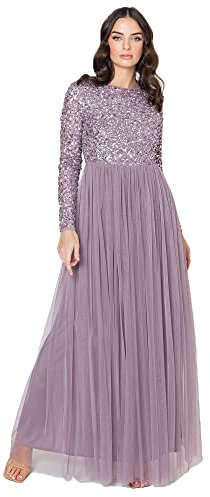 Maya Deluxe Women's Ladies Dress for Wedding Guest Plus Size Empire High Waist Sequins Long Sleeve Evening Bridesmaid, Moody Lilac, 18