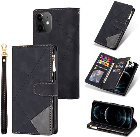 UEEBAI Wallet Case for iPhone 12 mini 5.4 inch, Vintage Premium PU Leather Cover Flip Case with Card Slots Magnetic Closure Zipper Pocket Kickstand Handbag with Hand Strap - Diamond Black