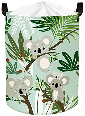 Clastyle 45L Kinder Wäschekorb Koala für Kinderzimmer mit Deckel Faltbar Eukalyptus Blätter Grün Spielzeug Aufbewahrungskorb, 36x45 cm