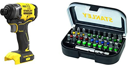 STANLEY SFMCF810B-XJ Atornillador de Impacto V20 Brushless, sin batería ni Cargador + STA60490-XJ - Juego de 31 piezas para atornillar con puntas inviolables y adaptador magnético