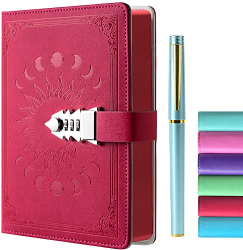 ZXHQ Tagebuch mit Schloss für Männer, Frauen und Jugendliche - A5 Notizbuch mit Stift Set Nachfüllbares Leder Journal mit Buntem Seitenrand A5 Größe (21x15cm)