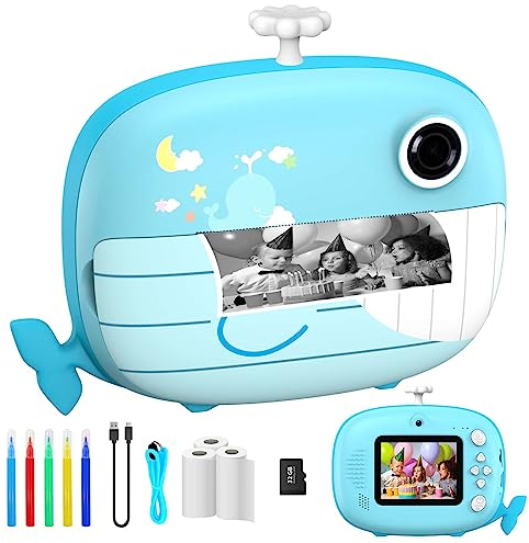 Ushining Appareil Photo Instantané Enfants, 10X Zoom 1080P Appareil Photo Numérique Enfant Caméra Vidéo avec Écran de 2,4 Pouces Papier d'impression Carte TF 32 Go, Cadeau pour Filles Garçons (Bleu)