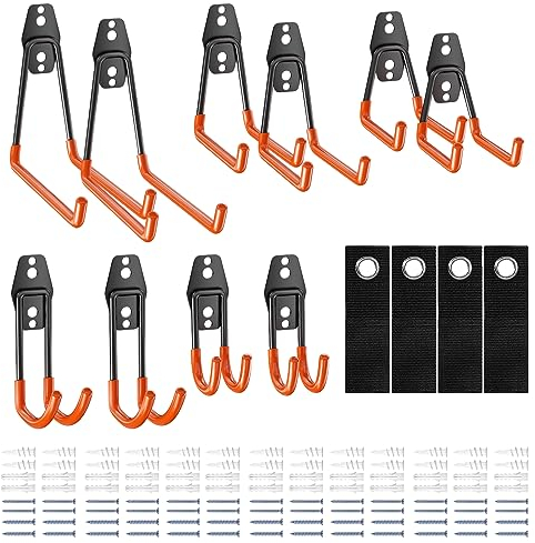 Magrimaxio Lot de 10 Crochet Mural Garage Orange et 4 Serre-câbles, Crochets avec PVC Revêtement et Visser Set, Crochets-Doubles Utilitaires Robustes, Support Outils Mural en Acier pour Outils
