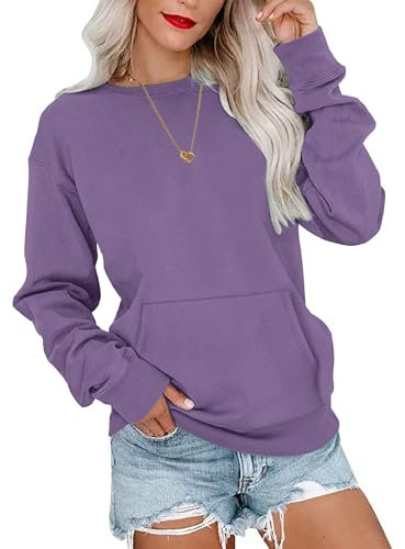 WNEEDU Sweatshirt Damen Rundhalsausschnitt Langarmshirts Herbstoutfits Lässig Bluse Damen mit Känguru Tasche Lila 2XL