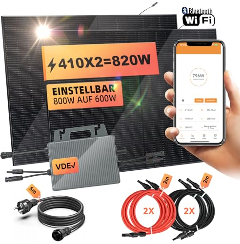 Panneau Solaire Plug and Play 800W, Panneau Solaire 1000w Complet, Kit Solaire Autoconsommation, Panneau Solaire 405W X2, Onduleur 600/800W X1, Câble de 5M X1, Surveillance WIFI.