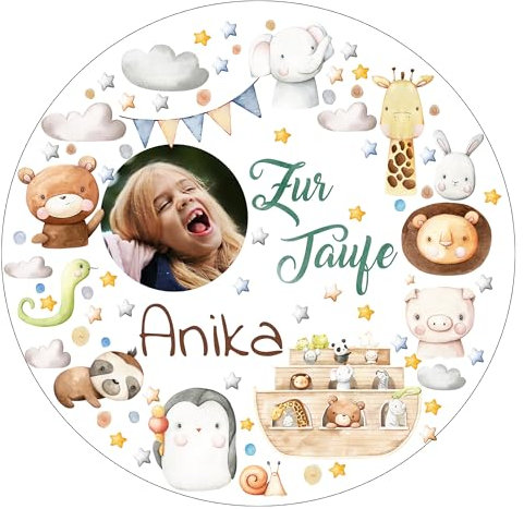 Tortenaufleger Tortenbild Muffinaufleger Taufe Arche Noah personalisiert mit Foto und Text - Fondant | Oblate | Dekorpapier Plus