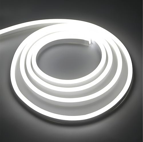 ONSSI® Bandes LED Néon 220V (Blanc Froid,5M),Cordon Lumineuse COB 12W/M,Chaque Coupe de 10 cm,Étanche Ip65 avec Prise Interrupteur et Autocollant,Rubans à LED Néon pour Intérieure et Extérieure