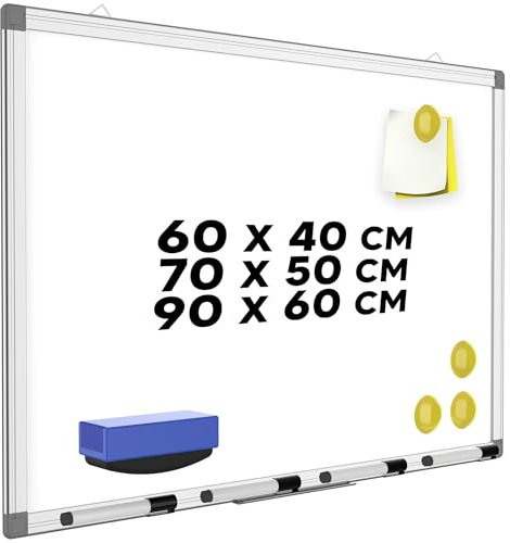 ZENO Whiteboard | Large Magnetic Whiteboard with Pen Tray | Office Board | Aluminium Trim | Includes 4 Pens, Eraser & 4 Magnets | Easy to Install | 90 x 60 cm