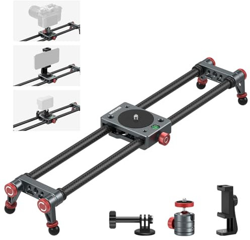 NEEWER - Deslizador de cámara de Fibra de Carbono, 40 cm con rótula de 360 °/Pinza para teléfono/Soporte de cámara de acción, Carril Dolly Rail con 4 rodamientos y pie, Compatible con GoPro Insta360