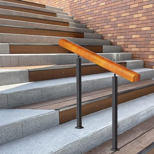 CATANK Handlaufgeländer für Außentreppen, Handläufe aus massivem Holz, mit 2 schwarzen, schmiedeeisernen Pfosten, Veranda, bodenstehender, Rutschfester Sicherheitshandlauf, komplettes Ins
