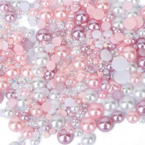 OWill 30 g Mix Flat Back Pearls and Rhinestones for Crafting Mixed Colour Multi-Size for Hair Gems Nail Pearls Makeup Gems Face Pearl (Pink&Purple)