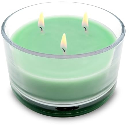 3-Docht Kerze im Glas Ø 13 cm unparfümiert - grün - Stumpen Kerze mit langer Brenndauer - Mehrdocht Kerze Tischkerze Blockkerze im Kerzenglas rund geruchlos
