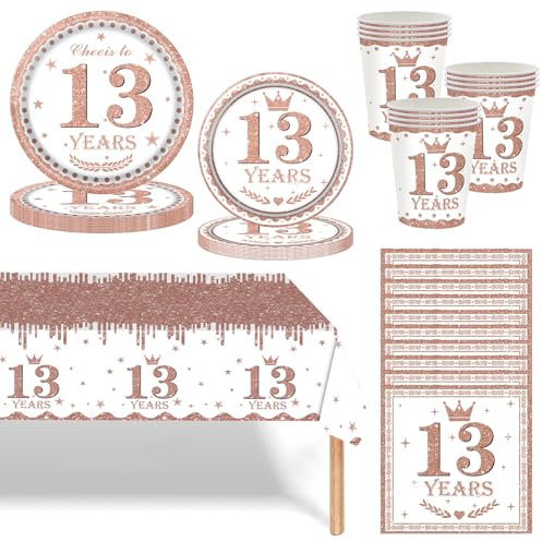 Rose Gold 13th Birthday Tableware Set, 69pcs Dinnerware Rosegold Party Plates Cups Napkins and Tablecloth for 13 Years Old Girls Birthday Gifts Table Décor