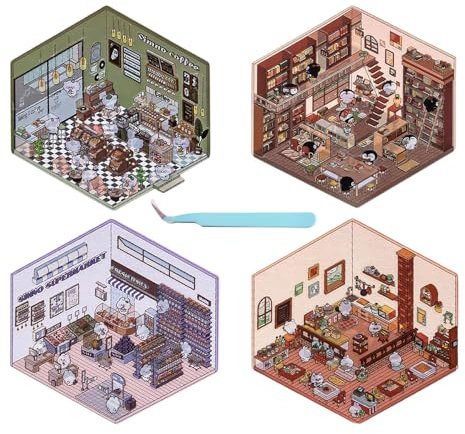 4 Sets DIY 3D House Stickers, DIY Stickers Scene Make Your Own Supermarket|Coffee Shop|Restaurant|Bookstore, Fun Cute Korean Cartoon Scene Stickers Relief Stress Pass The Time for Adult Kids (A)