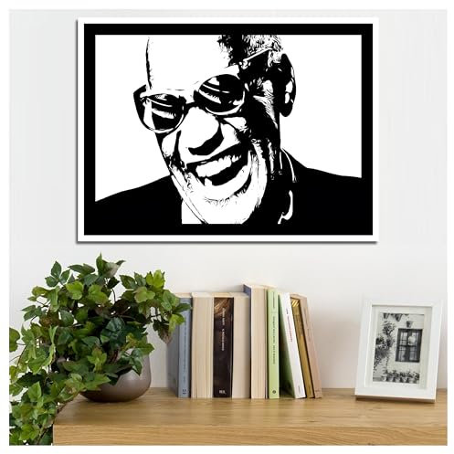 Generico Ray Charles - Cuadro pintado a mano de grandes cantautores americanos – Diseño moderno 40 x 30 cm con marco