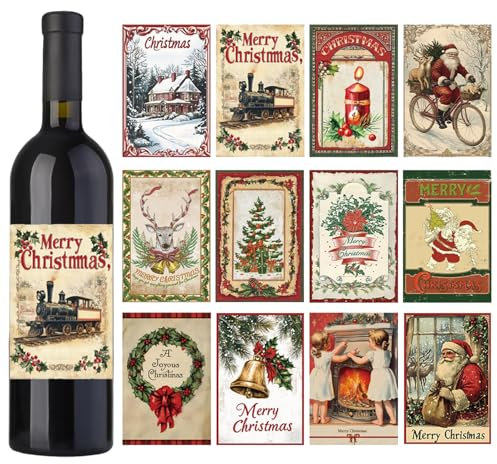 URROMA 48Pcs Merry Christmas Wine Bottle Labels 12 Designs Vintage Xmas Wine Bottle Stickers Drinks Wrappers for New Year Party Favors Decor