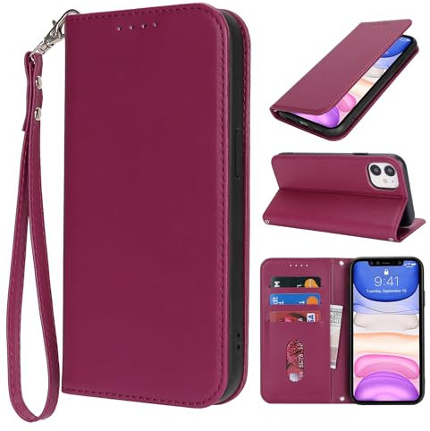 HALLKER Handyhülle für iPhone 11 Hülle, Klapphülle PU Leder Schutzhülle Klappbar Kartenfach Magnetverschluss Lederhülle für iPhone 11 - weinrot