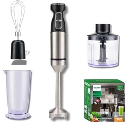 PRITECH Mixeur plongeant 4 en 1, puissant moteur de 1000 W, multi-vitesses et fonction turbo, lames en acier inoxydable avec verre doseur, hachoir, fouet et fouet, purée, baby food, smoothie