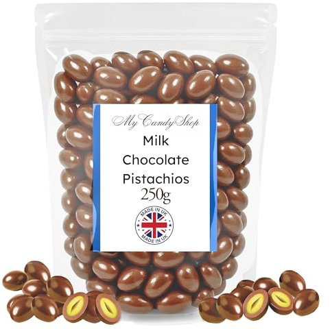 Milk Pistachio Chocolate Nuts 250g - Handcrafted Chocolate Pistachio Nuts with 30% Cocoa - Palm Oil Free- Gourmet Snack for Entertaining, Gifting & Desserts