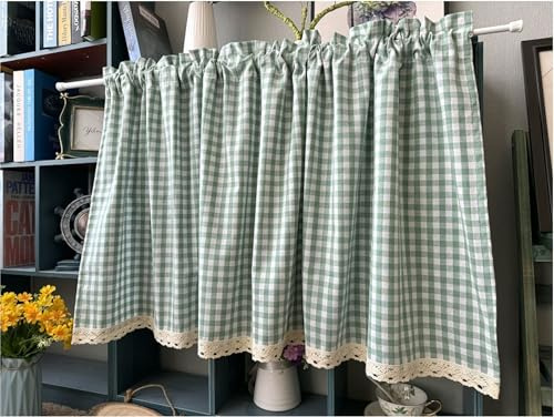 izielad Schlaufenschal karo Gardine Karierte Küche Gardine Scheibengardine Landhausstil Bistrogardine Grün BxH 140x40cm