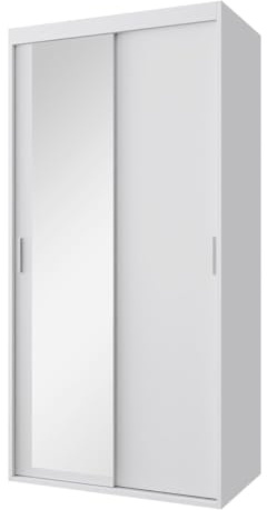 Mirjan24 Kleiderschrank Olasio, Schwebetürenschrank mit 2 Kleiderstangen und Einlegeböden Schiebetürenschrank Schlafzimmerschrank Garderobe für Diele Flur (Weiß + Spiegel, 100 cm,)