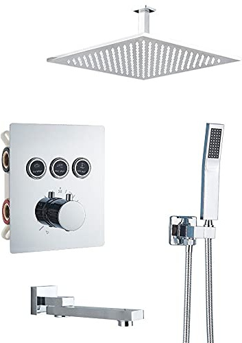 Robinet de Douche thermostatique de Salle de Bain chromé de Luxe pommeau de Douche à Effet Pluie mitigeur de Baignoire Mural Ensemble de Douche de Bain Mural,3 Voies 16 Pouces B